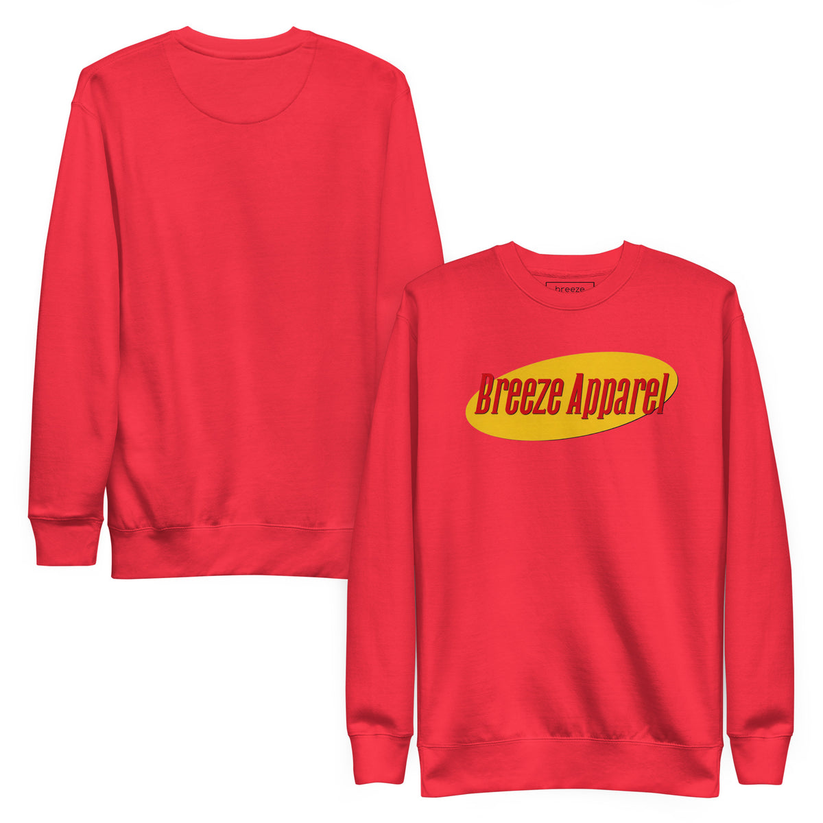 Red sweatshirt with graphic of red lettering set on a yellow oval. Plain backside also shown.