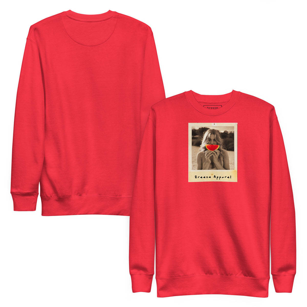 Red sweatshirt with graphic of woman holding slice of watermelon in front of her mouth. Plain back also shown.