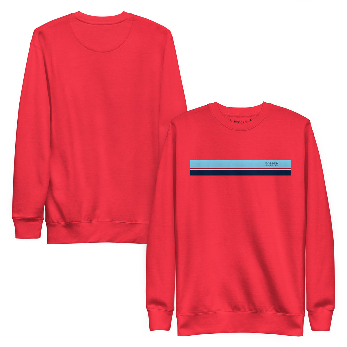 Red sweatshirt with horizontal light-blue, red, white, and navy stripes across chest. Plain back also shown.