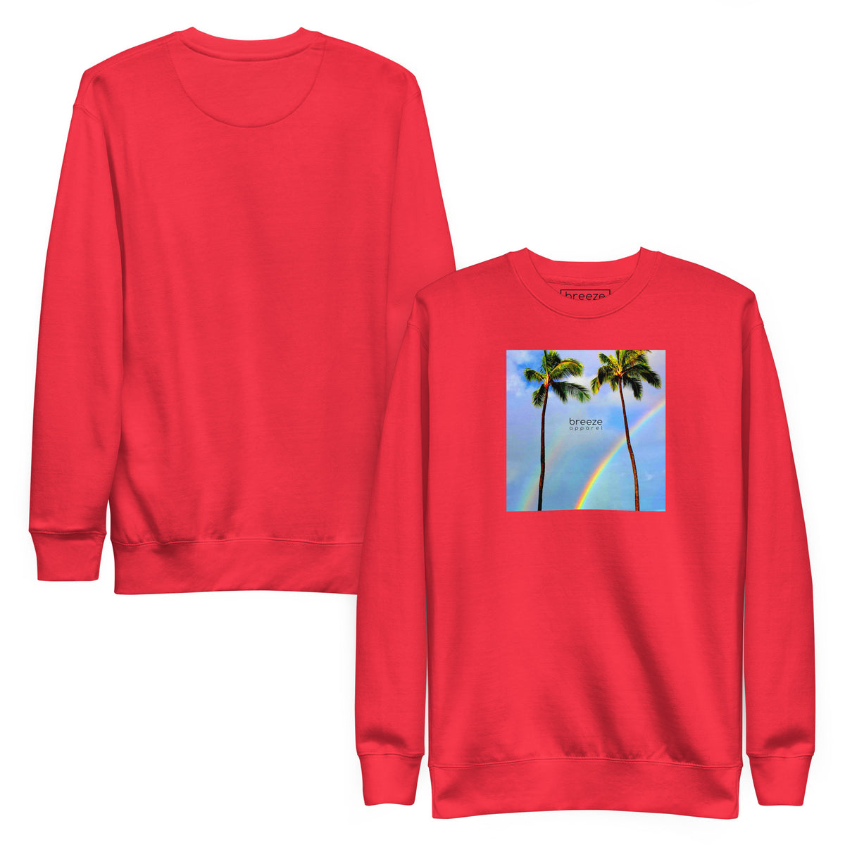Red sweatshirt with graphic of two palm trees with a rainbow in background. Plain back of shirt also shown.