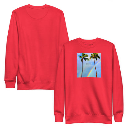 Red sweatshirt with graphic of two palm trees with a rainbow in background. Plain back of shirt also shown.