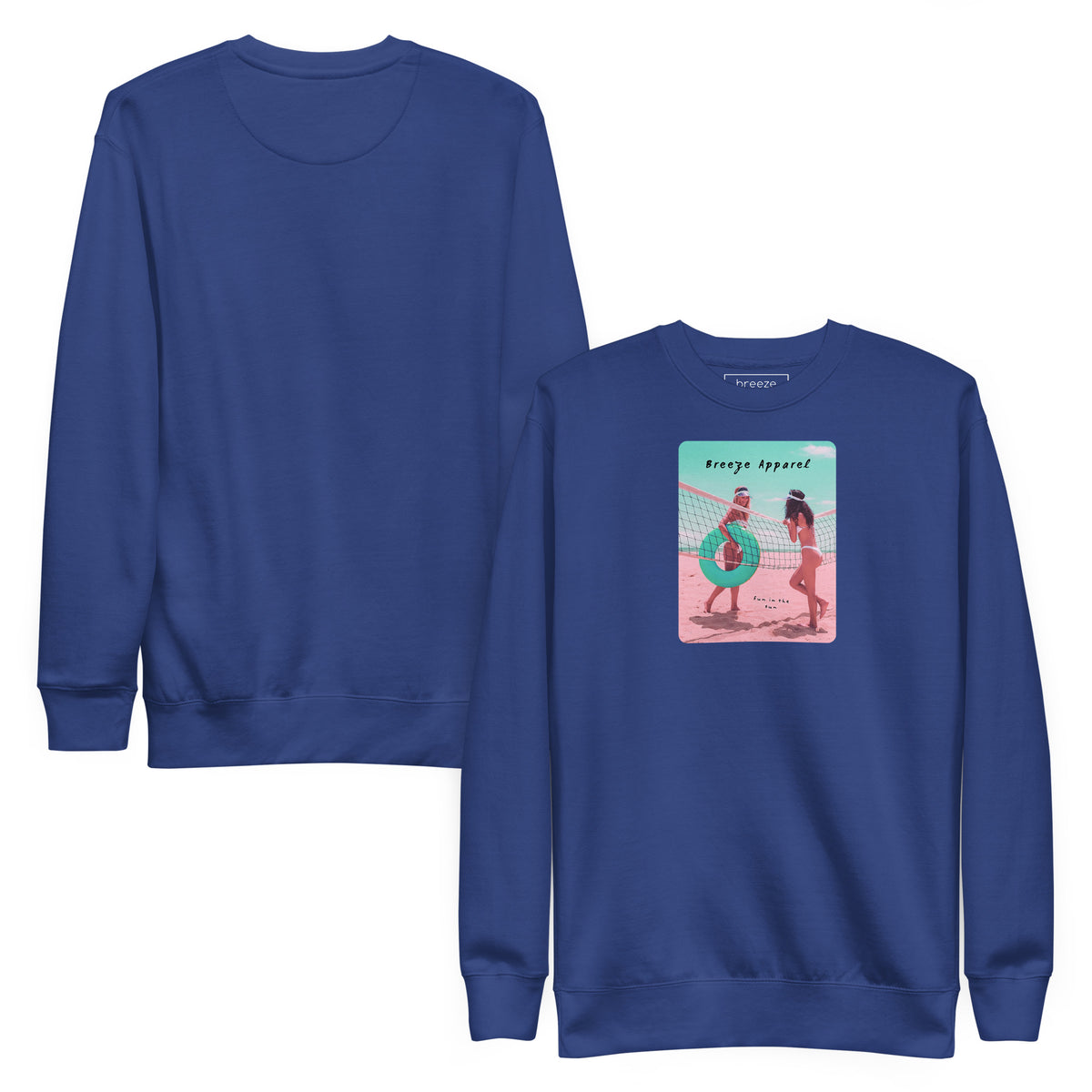 Blue sweatshirt with graphic of two women in bikinis, talking on the beach. Plain back of shirt is also shown.