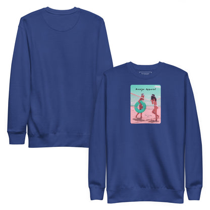 Blue sweatshirt with graphic of two women in bikinis, talking on the beach. Plain back of shirt is also shown.
