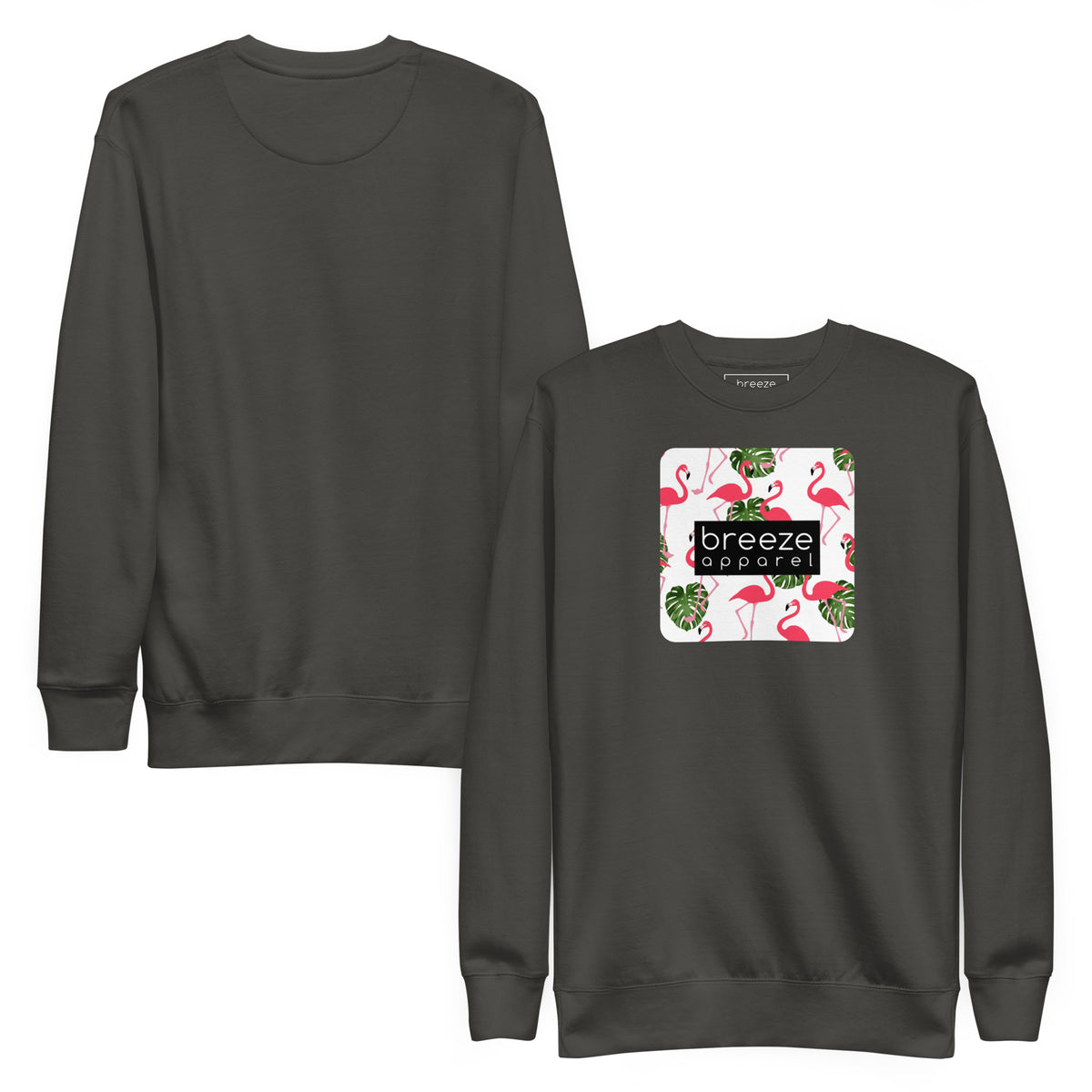 Gray sweatshirt with square graphic of flamingos and green palm leaves set on a white background and overlaid with a black, rectangular logo. Plain back of shirt also shown.