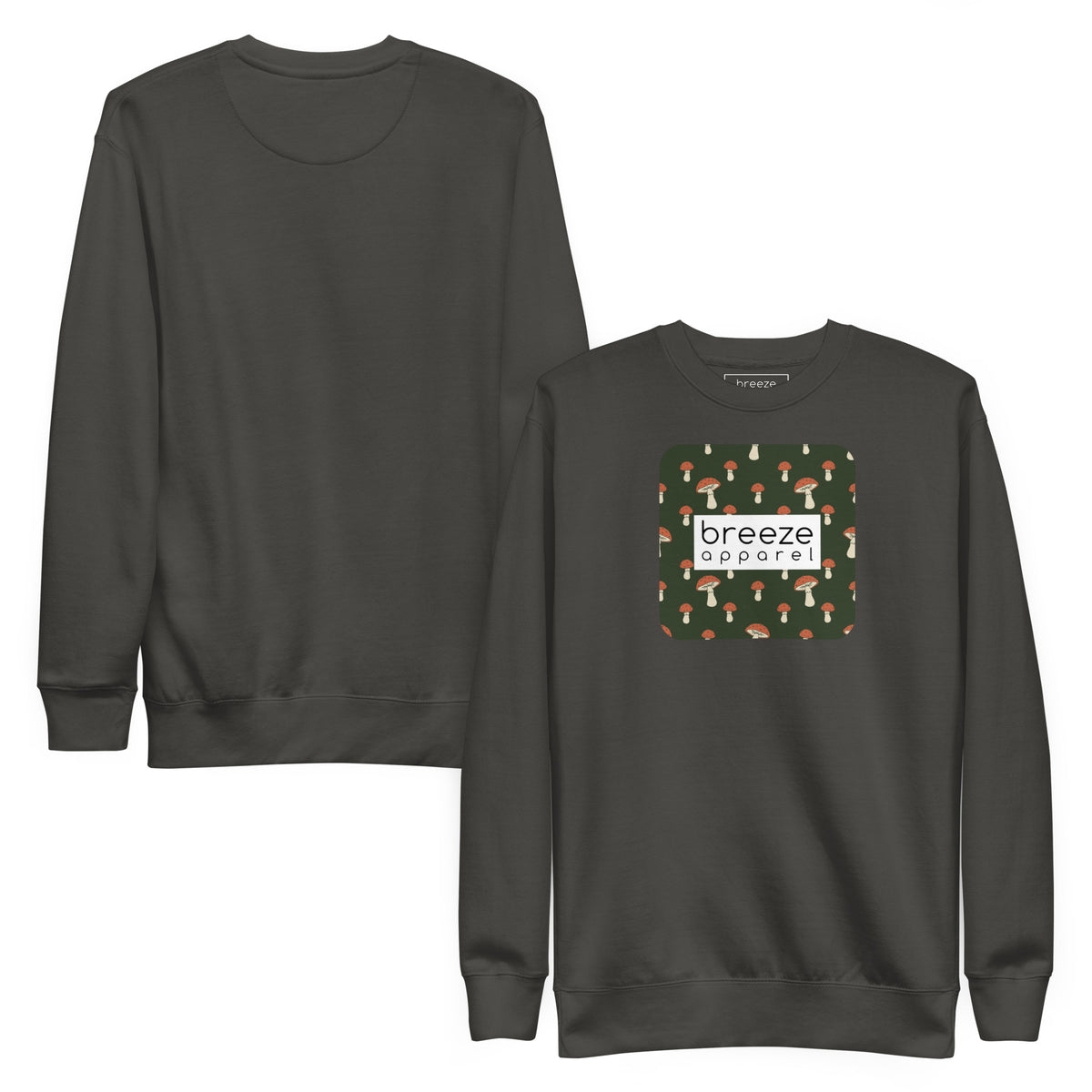 Gray sweatshirt with square graphic of mushrooms set on a green background and overlaid with a white, rectangular logo. Plain back also shown.