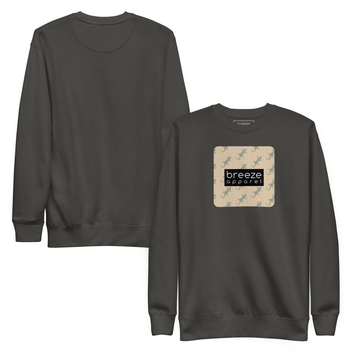 Gray sweatshirt with square over chest that contains pattern of green geckos set on beige background, overlaid with black, rectangular logo with white lettering. Plain back also shown.