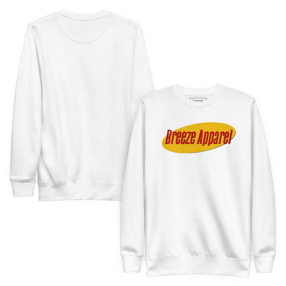 White sweatshirt with graphic of red lettering set on a yellow oval. Plain backside also shown.