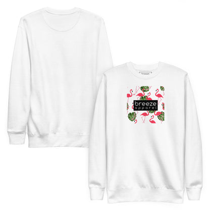 White sweatshirt with square graphic of flamingos and green palm leaves set on a white background and overlaid with a black, rectangular logo. Plain back of shirt also shown.