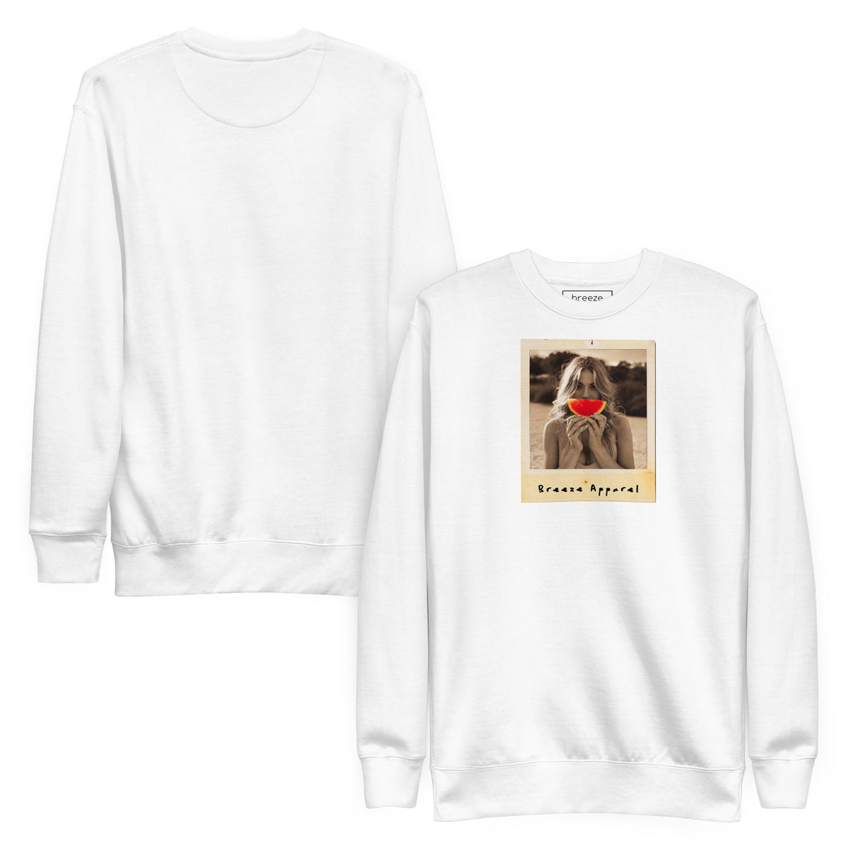 White sweatshirt with graphic of woman holding slice of watermelon in front of her mouth. Plain back also shown.