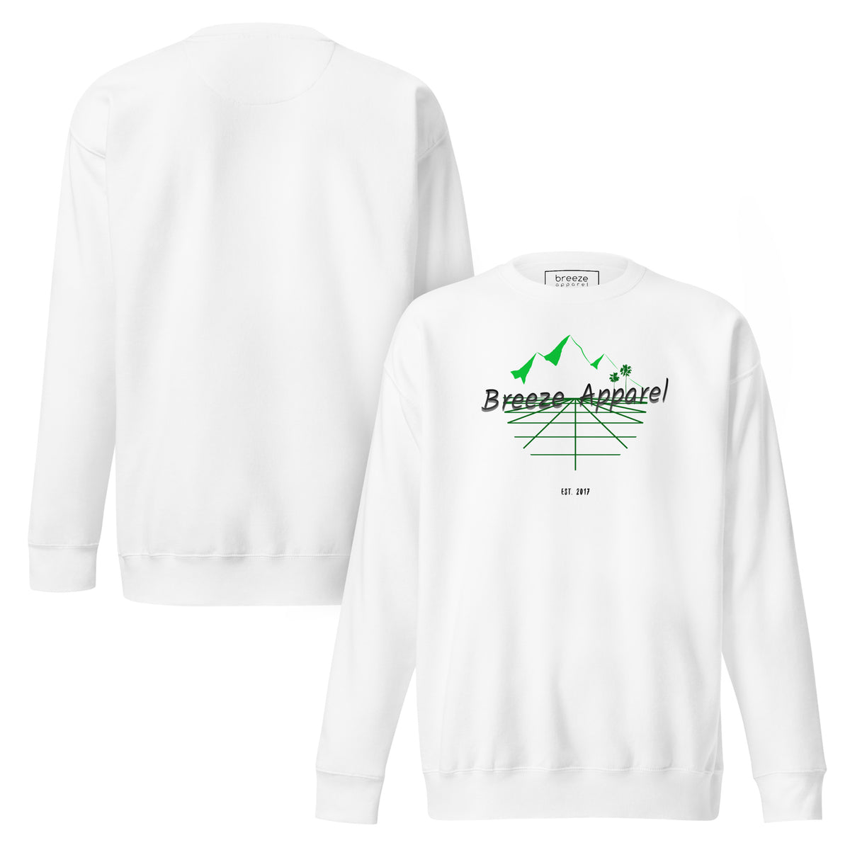White sweatshirt with logo including black lettering, mountains, and palm trees. Plain back also shown.