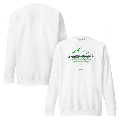 White sweatshirt with logo including black lettering, mountains, and palm trees. Plain back also shown.