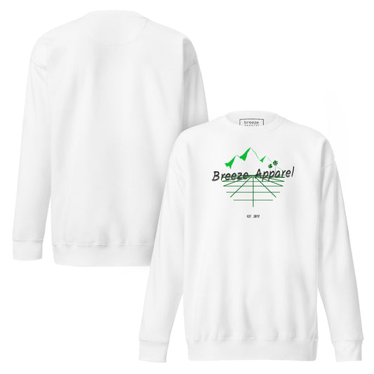 White sweatshirt with logo including black lettering, mountains, and palm trees. Plain back also shown.