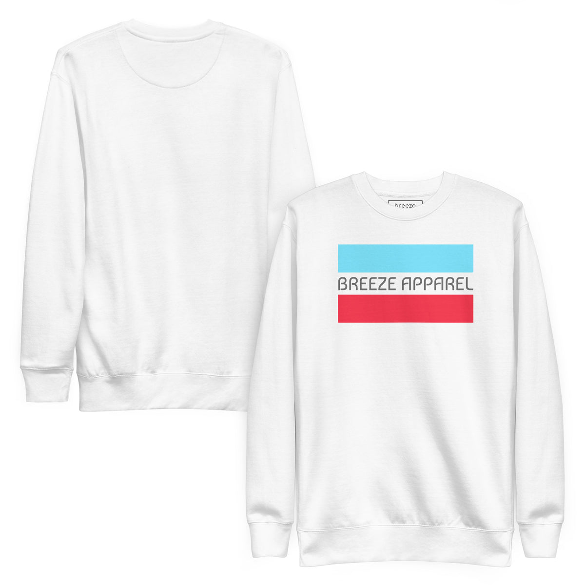 White sweatshirt with logo consisting of gray lettering set between light-blue and red horizontal lines. Plain back also shown.