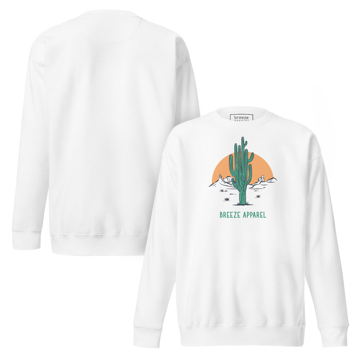 White sweatshirt with graphic of cactus and sun. Plain back also shown.