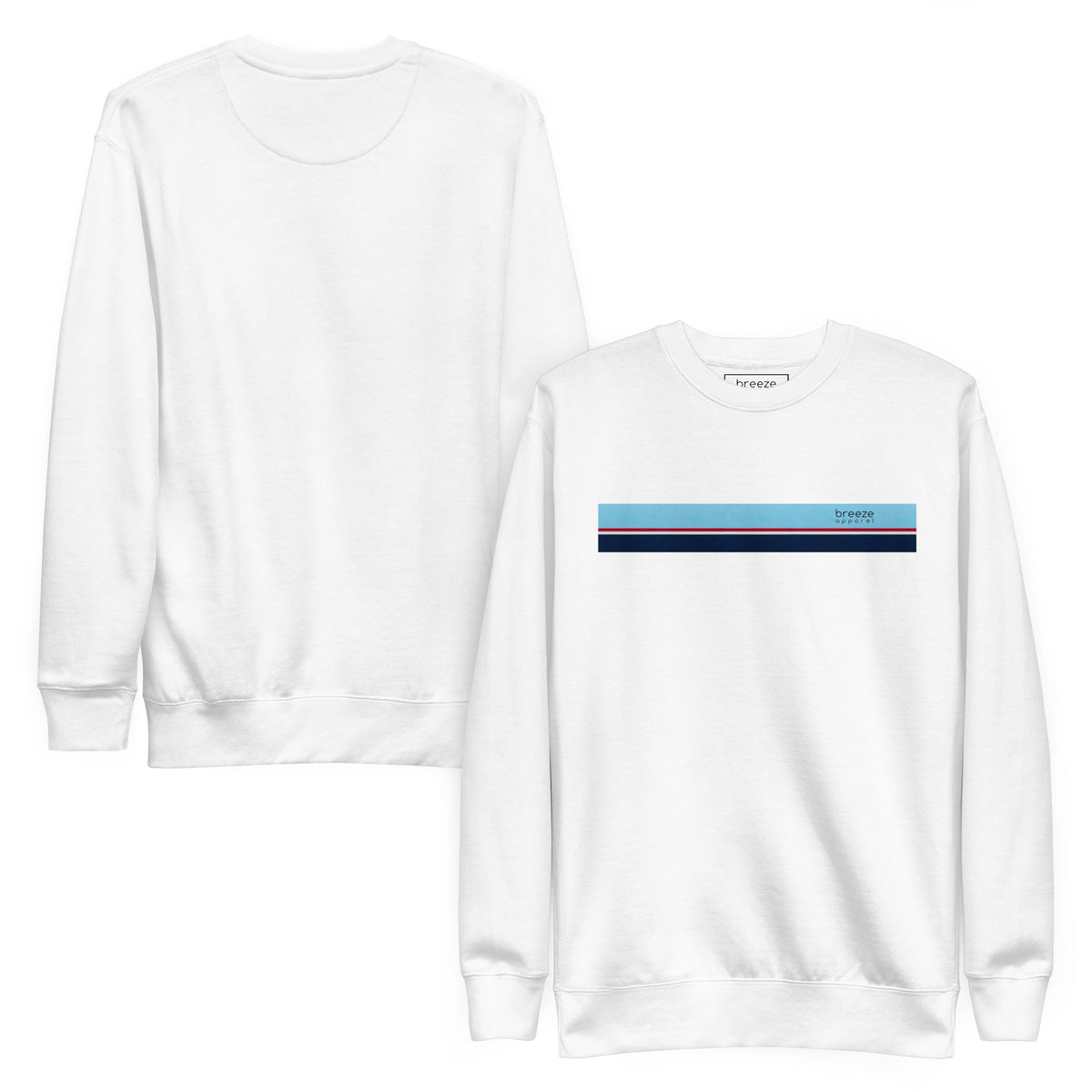 White sweatshirt with horizontal light-blue, red, white, and navy stripes across chest. Plain back also shown.