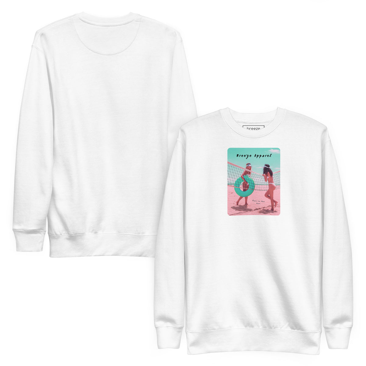 White sweatshirt with graphic of two women in bikinis, talking on the beach. Plain back of shirt is also shown.