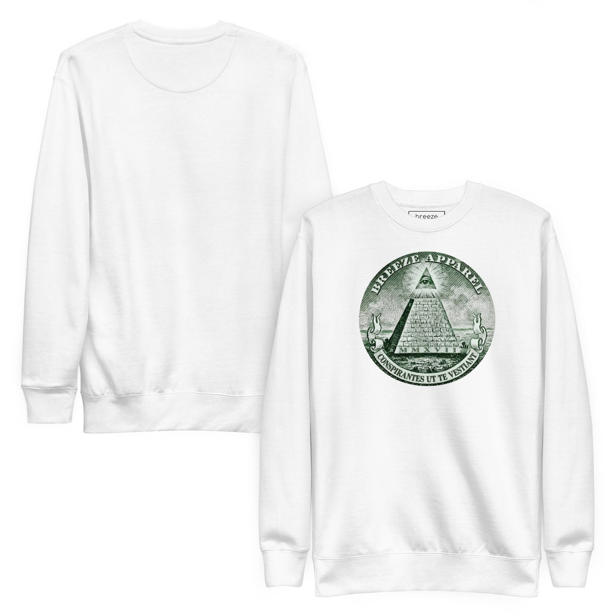 White sweatshirt with graphic of pyramid resembling that on the US one-dollar bill. Plain back of shirt also shown.