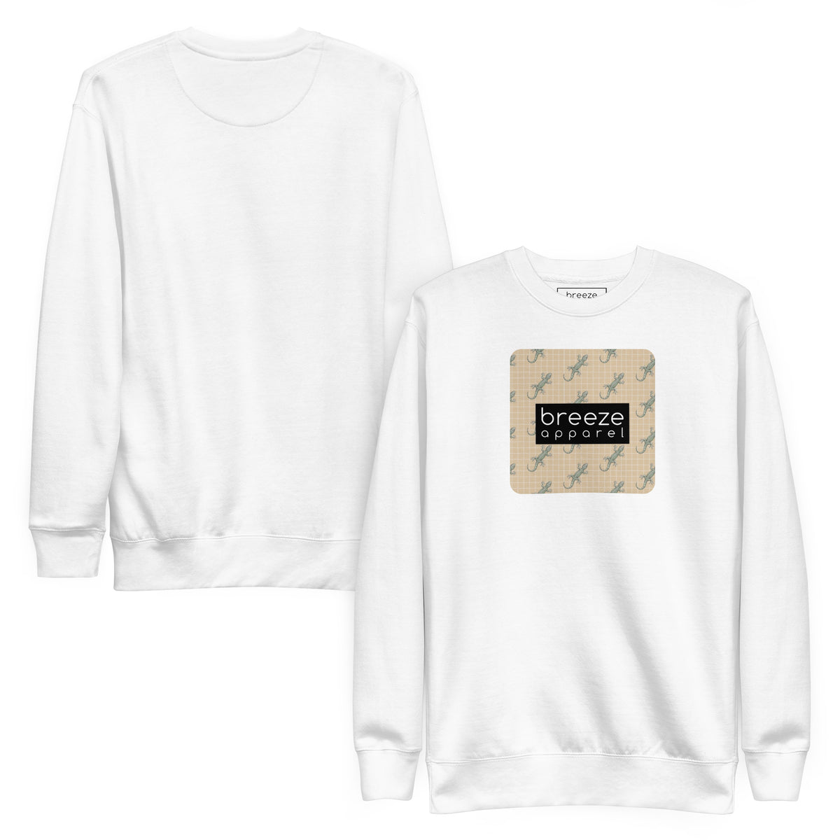 White sweatshirt with square over chest that contains pattern of green geckos set on beige background, overlaid with black, rectangular logo with white lettering. Plain back also shown.