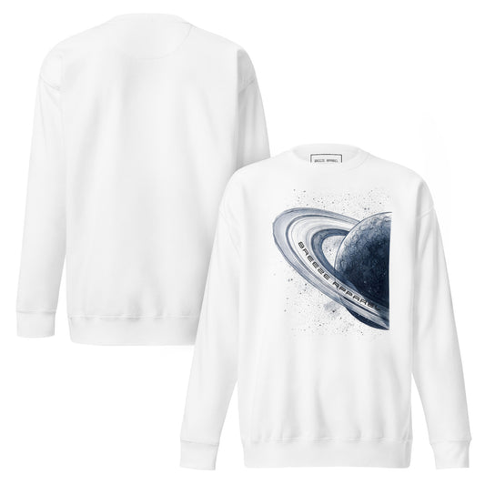White sweatshirt with graphic of blue planet. Plain back of shirt also shown.