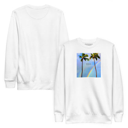 White sweatshirt with graphic of two palm trees with a rainbow in background. Plain back of shirt also shown.