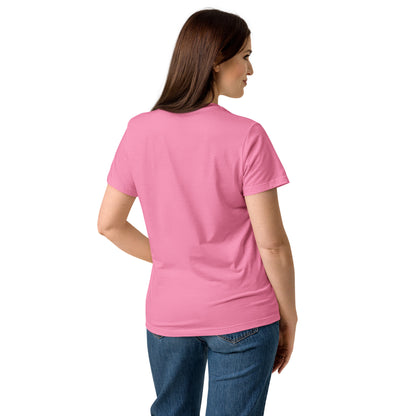 Rear view of woman wearing pink t-shirt.