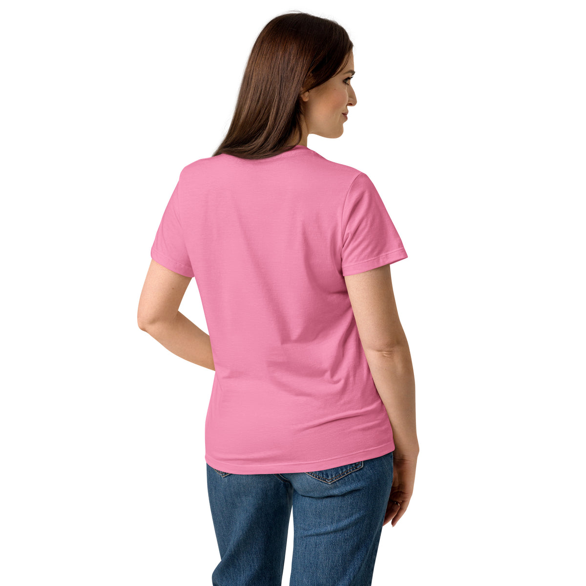 Rear view of woman wearing pink t-shirt.