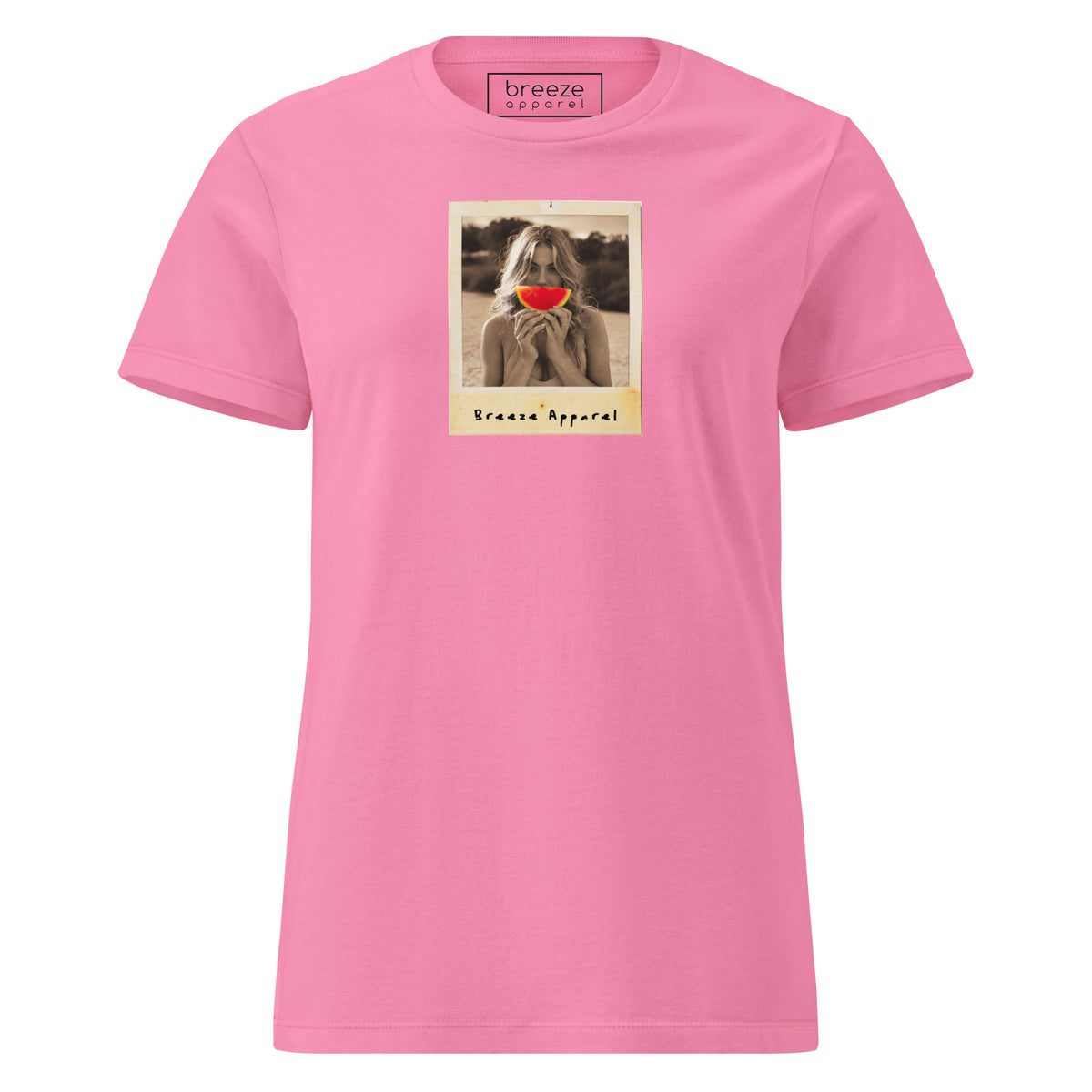 Pink t-shirt with graphic of woman holding watermelon slice in front of her mouth.