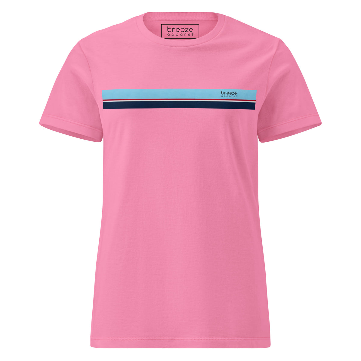 Pink t-shirt with stripe that is light blue, red, white, and navy across chest.