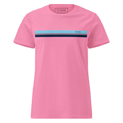Pink t-shirt with stripe that is light blue, red, white, and navy across chest.