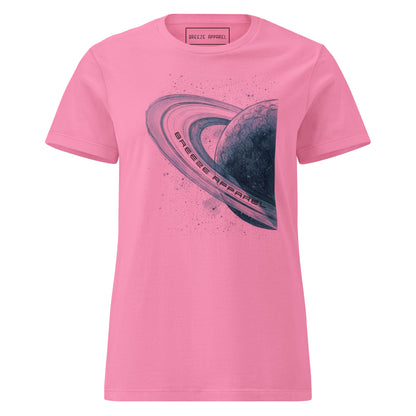 Pink t-shirt with graphic of blue planet.