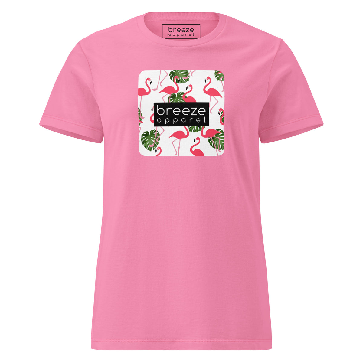 Pink t-shirt with graphic of flamingos overlaid with a black logo.