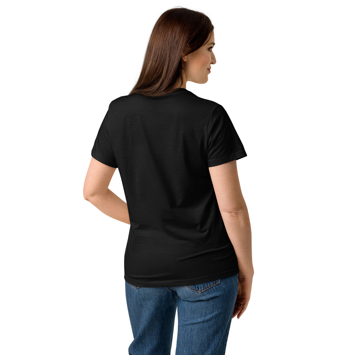 Rear view of woman wearing black t-shirt.