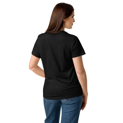 Rear view of woman wearing black t-shirt.