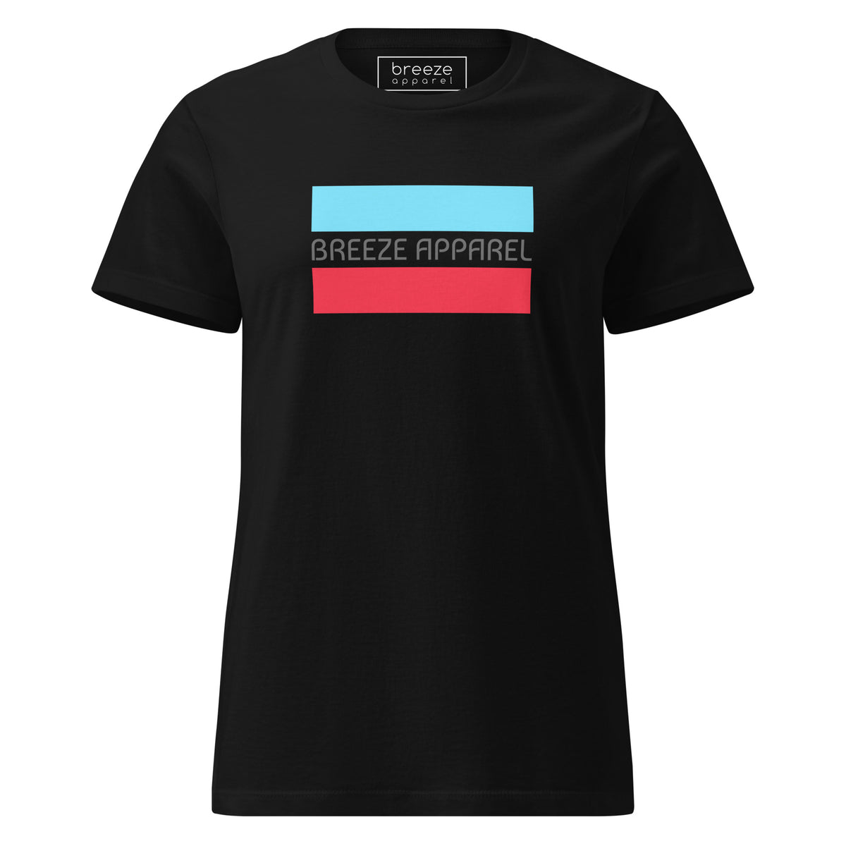 Black t-shirt with gray 'Breeze Apparel' logo between horizontal bars, the top being light blue and the bottom being red.