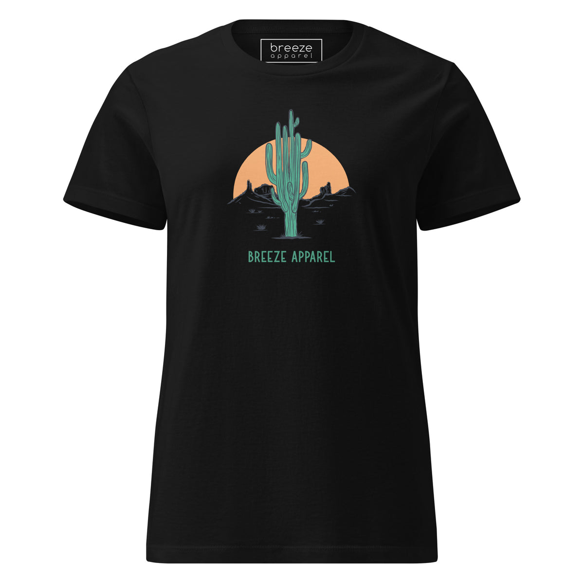 Black t-shirt with a graphic of a cactus and sunset, with 'Breeze Apparel' written in green below.