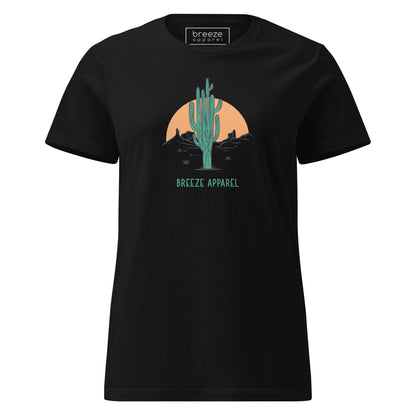 Black t-shirt with a graphic of a cactus and sunset, with 'Breeze Apparel' written in green below.