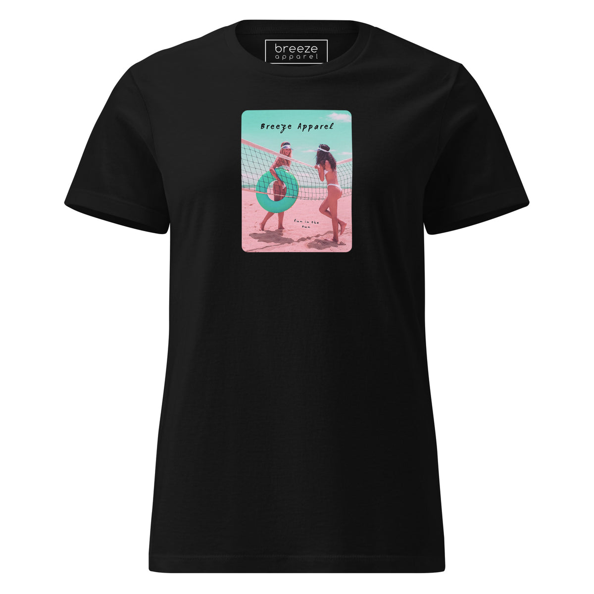 Black t-shirt with an image of two women in bikinis on the beach, standing by a volleyball net, one holding a swim ring and smiling, the other leaning on the net, with inscription in black of 'breeze apparel' towards the top of the image, and 'fun in the sun' in black on the ground between the women. 