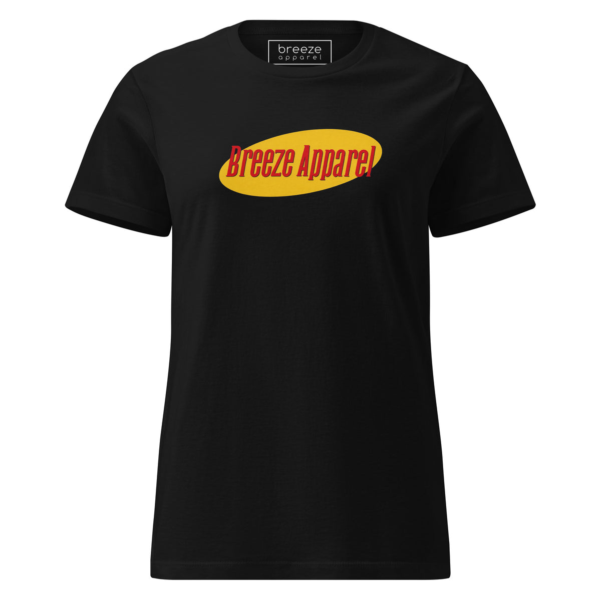 Black t-shirt with red lettering over yellow oval.