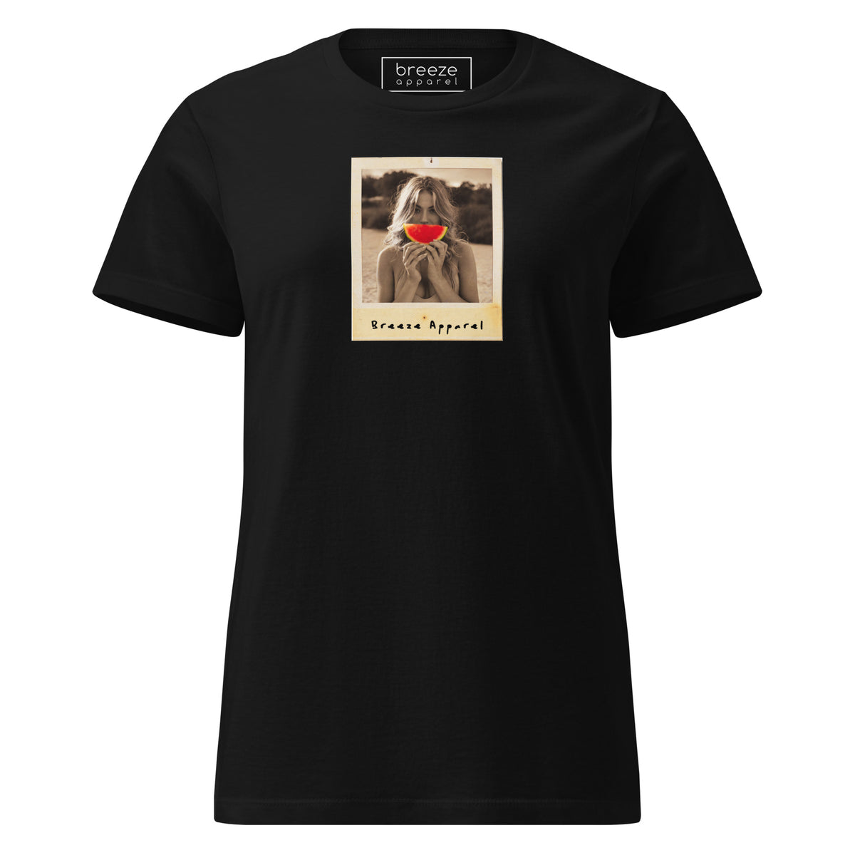 Black t-shirt with graphic of woman holding watermelon slice in front of her mouth.