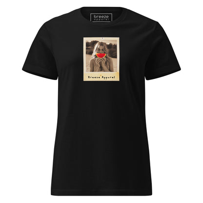 Black t-shirt with graphic of woman holding watermelon slice in front of her mouth.
