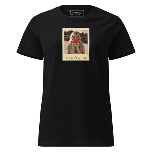 Black t-shirt with graphic of woman holding watermelon slice in front of her mouth.