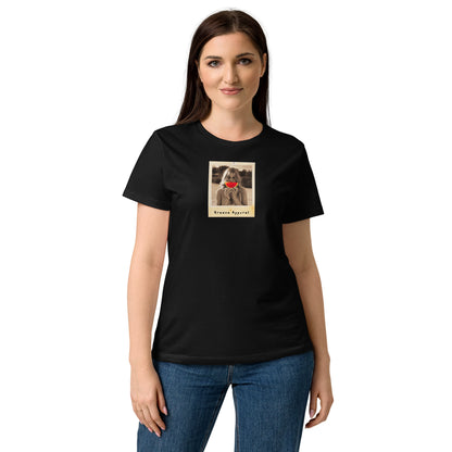 Woman wearing black t-shirt with graphic of woman holding watermelon slice in front of her mouth.