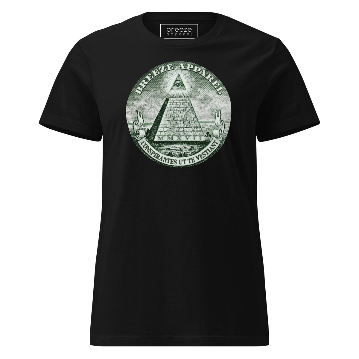 Black t-shirt with graphic resembling pyramid from US one-dollar bill.