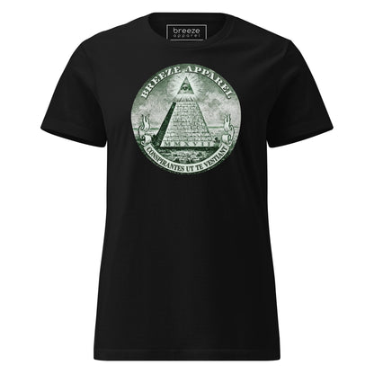 Black t-shirt with graphic resembling pyramid from US one-dollar bill.