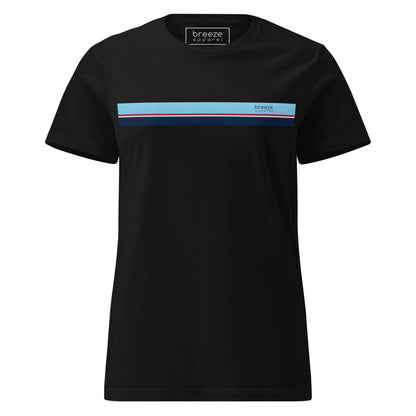 Black t-shirt with stripe that is light blue, red, white, and navy across chest.