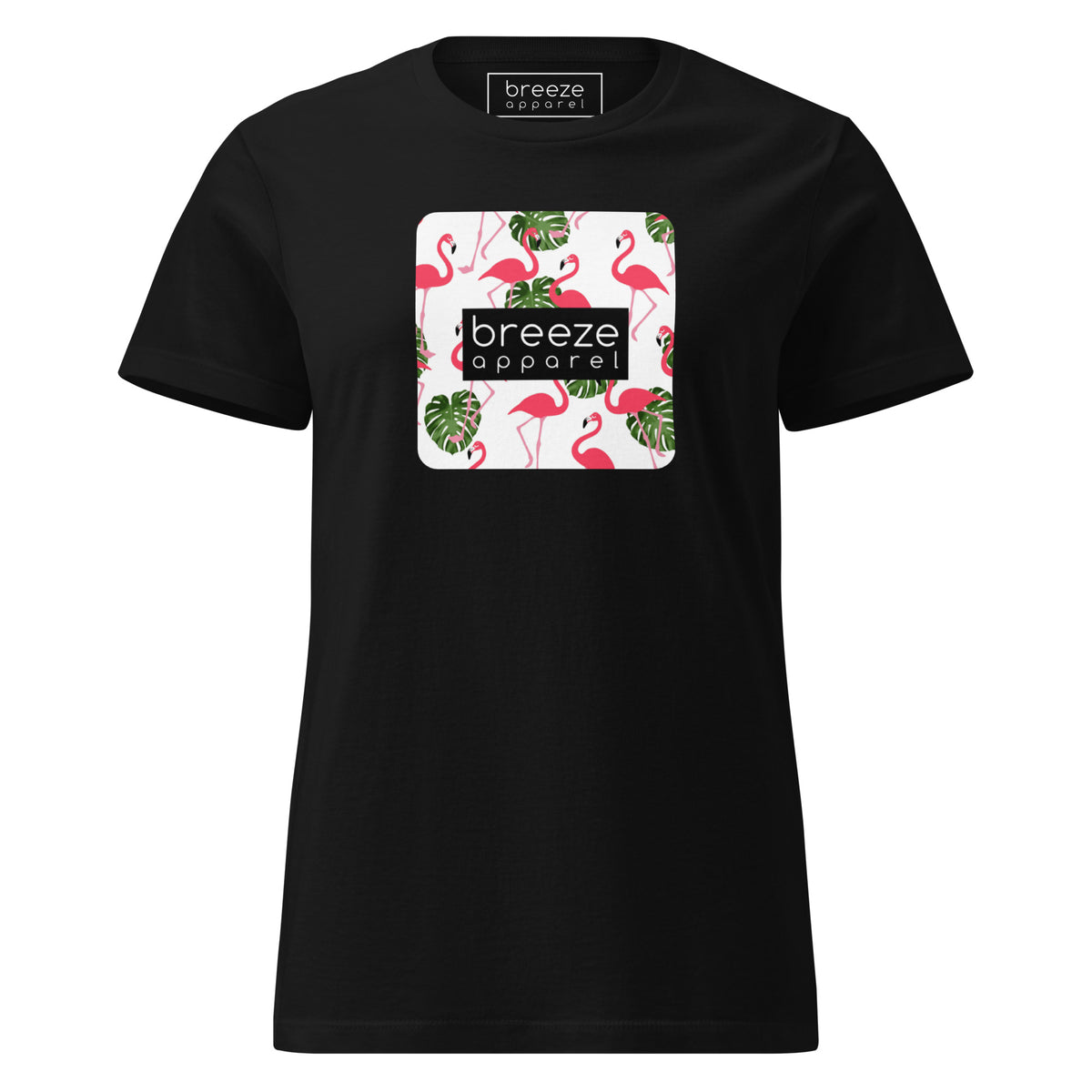 Black t-shirt with graphic of flamingos overlaid with a black logo.