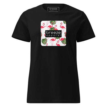 Black t-shirt with graphic of flamingos overlaid with a black logo.
