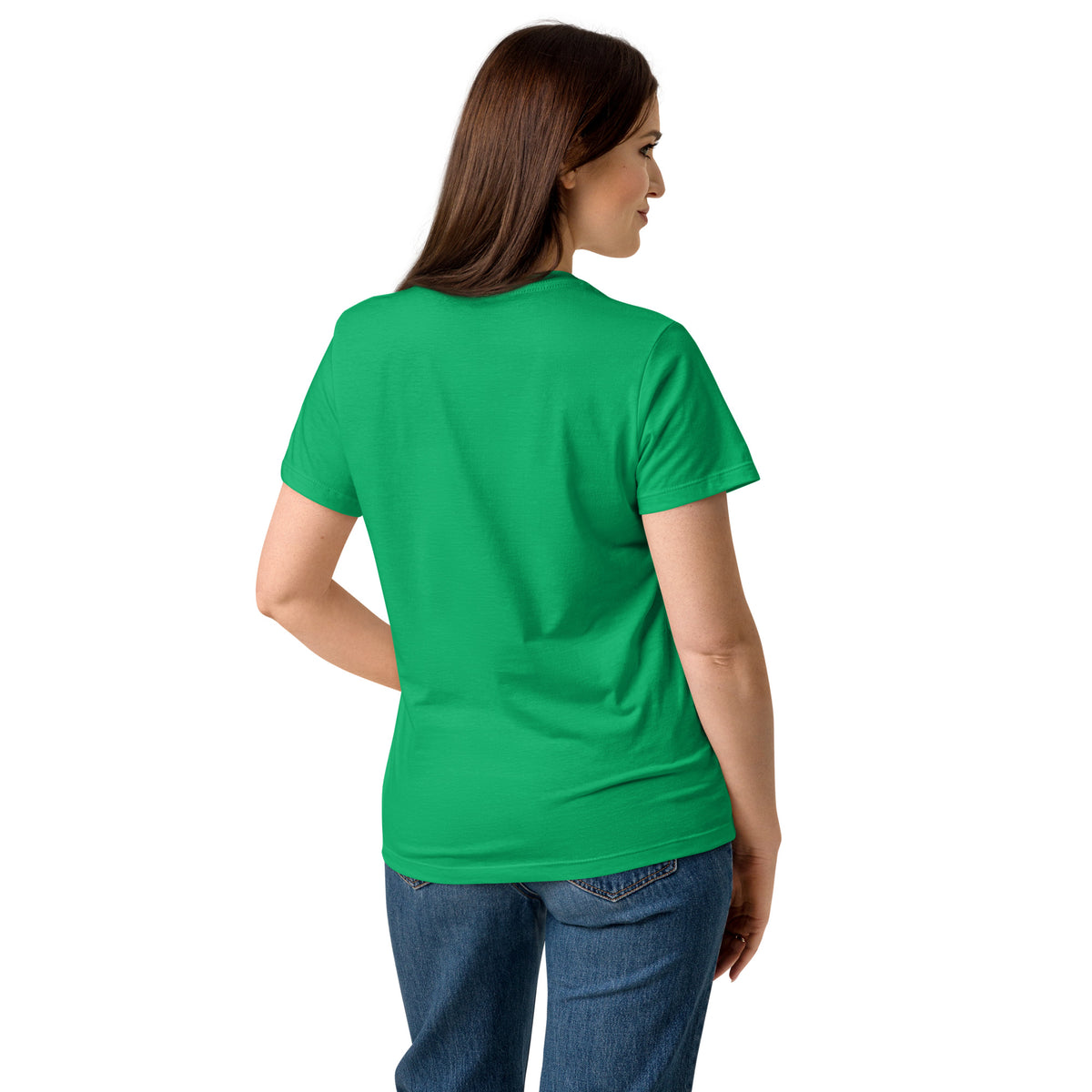 Rear view of woman wearing green t-shirt.