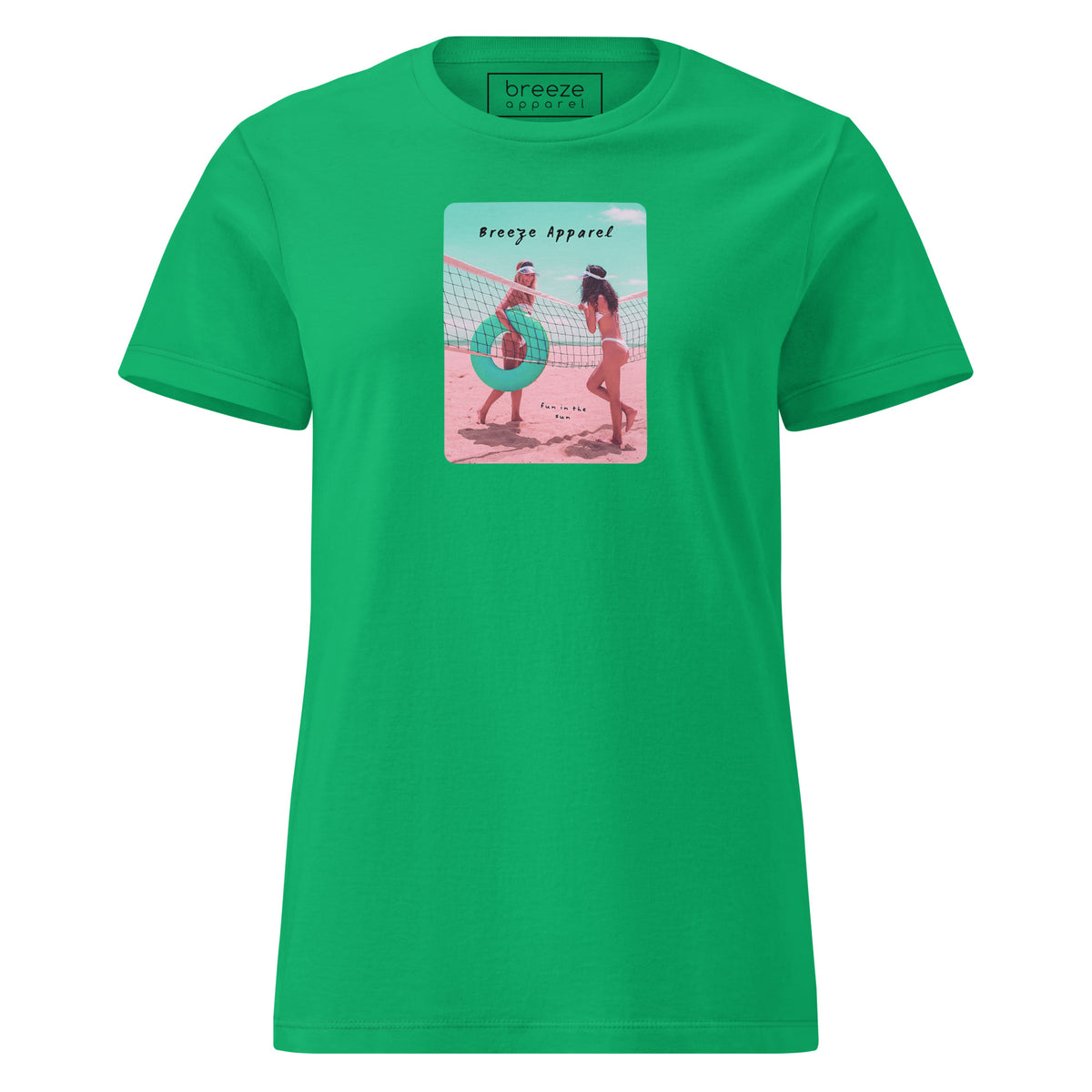 Irish-green t-shirt with an image of two women in bikinis on the beach, standing by a volleyball net, one holding a swim ring and smiling, the other leaning on the net, with inscription in black of 'breeze apparel' towards the top of the image, and 'fun in the sun' in black on the ground between the women. 