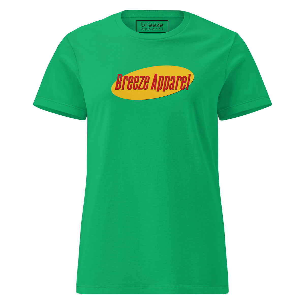 Green t-shirt with red lettering over yellow oval.
